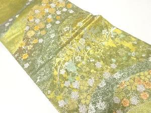 引箔山並に草花模様織出し袋帯